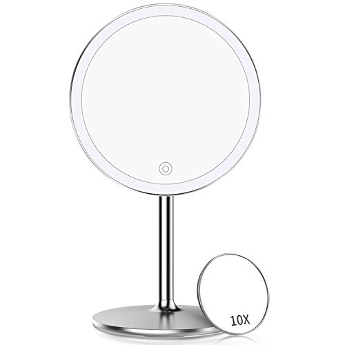 Kostlich Vanity Makeup Mirror with 3 Color Lights, 360 Degree Swivel LED Make Up Mirror with 10X Magnifying Mini Mirror, Cosmetic Mirror for Dres