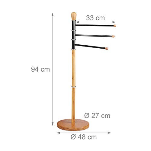 Relaxdays Towel Holder Stand, Adjustable, No Drilling, 3 Towel Rails, Bamboo, Metal, HWD: 94 x 48 x 48 cm, Natural 10024766