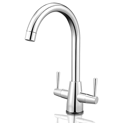 Pakuyi Kitchen Tap Dual Lever Kitchen Sink Taps Brushed Steel Kitchen Sink Mixer Tap High Arc Kitchen Faucet for Daily Use in Kitchen Living Room