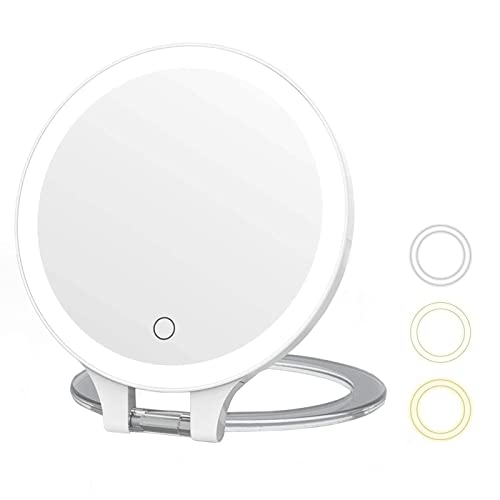 MYIAMO Makeup Mirror with Lights, Double Sided Lighted Magnifying Mirror 10X/ 1X with 3 Color Lighting Modes, Tabletop Mirror with Adjustable Fol