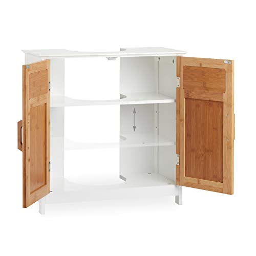 Relaxdays Basin Vanity Unit, Bamboo Doors, Height-Adjustable Shelf, Siphon Cut-Out, HWD: 60x60x30cm, Natural/White