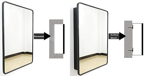 FOMAYKO Farmhouse Black Metal Framed Recessed Bathroom Medicine Cabinet with Mirror Rounded Rectangle Vanity Mirros for Wall 22x30 inch