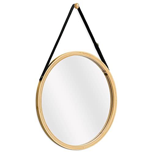 Navaris Round Hanging Mirror - Small Bamboo Wall-Mounted Contemporary Modern Design Mirror with Adjustable Strap for Living Room, Bedroom, Hallwa
