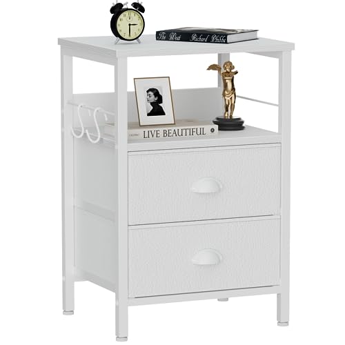 Furologee Nightstand with 2 Fabric Drawers, White Beside Table, End Table with 2-Tier Shelf, Side Table with Hooks and Wood Top for Bedroom/Livin