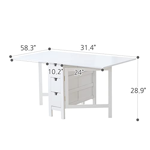 Livinia Wings Gate-Leg Wooden Dining Table, Solid Hardwood Expandable Drop Leaf Space Saving Kitchen Table with Drawers Fully Assembled(White)
