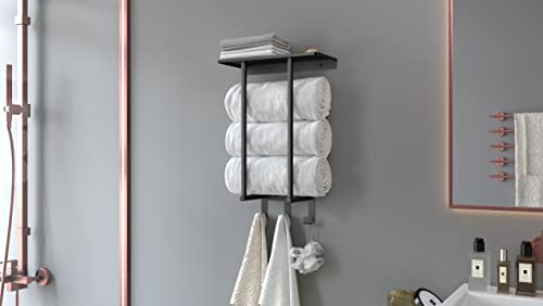 Towel Rack Wall Mounted, BETHOM Towel Racks with Shelf and 3 Hooks for Small Bathroom, Towel Storage Wall Can Holds Up to 3 Large Size(160x100 cm
