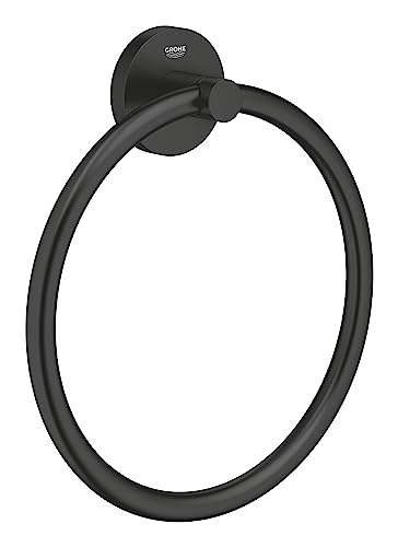 GROHE Start QuickFix Towel Ring (Metal, Concealed Fastening, Including Screws and Dowels, Extra Easy to Fit QuickGlue), Size 200 mm, Matt Black,