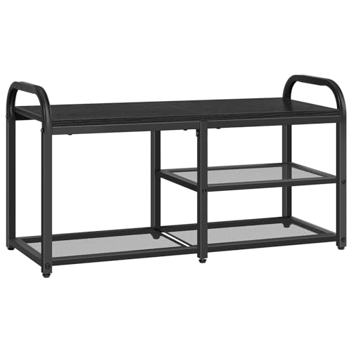 NORCEESAN Shoe Rack Bench for Entryway Shoe Organizer for Closet Black Bench with Shoe Storage Freestanding Shoe Rack with Mesh Shelves and Woode