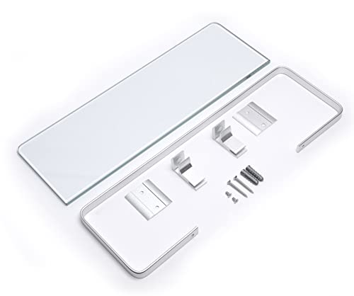 BSM Marketing Rectangular 8mm Toughened Glass Shelf 380mm x 120mm (15”x5” approx) With Aluminium Rail And Wall Brackets Bathroom Bedroom Kitchen