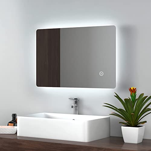 EMKE Backlit Illuminated Bathroom Mirror with Lights 400x600mm, Wall Mounted Multifunction LED Bathroom Vanity Mirror with LED Lights and Demiste