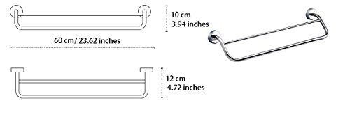 Kapitan Double Towel Bar Rail - Stainless Steel - 60 cm / 23.6 inches 3M Self Adhesive OR Screws Mounting, Polished Finish, Made in EU, 20 Years