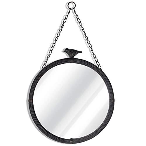 NIKKY HOME 11.25" Vintage Round Metal Framed Wall Mounted Mirror with Bird, in Matt Black 28.5 x 2.5 x 31.5 CM