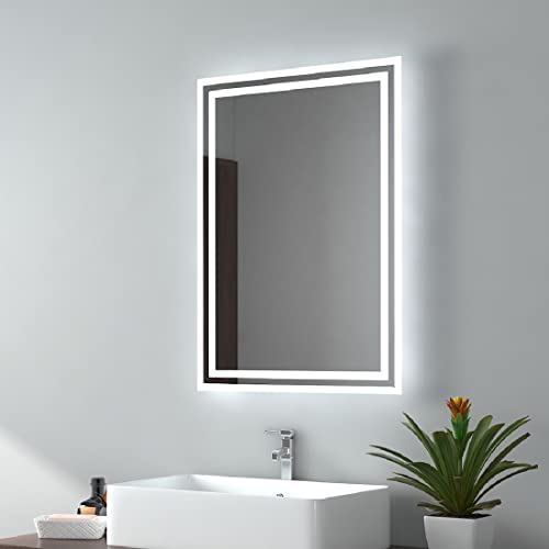 EMKE Bathroom Mirror with LED Lights - 400x600mm Backlit LED Illuminated Bathroom Mirror with Demister Heat Pad, Makeup Vanity Touch Mirror with