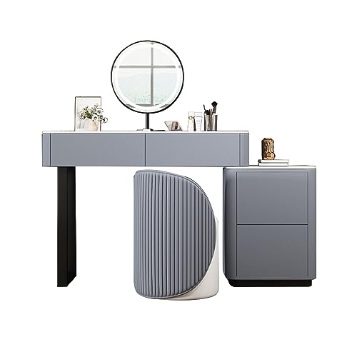 HAWEWE Modern Makeup Vanity Set With Side Cabinet, Round Lighted Mirror And PU Leather Stool Dressing Table For Girls Wife Daughter Bedroom (Colo