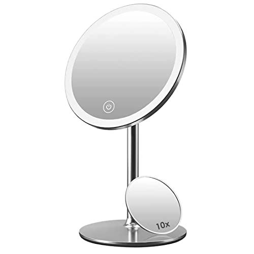 Kostlich Lighted Makeup Mirror with 3 Light Settings, Rechargeable Vanity Mirror with 10x Magnification Pocket Mirror - Magnetic Detachable Alumi