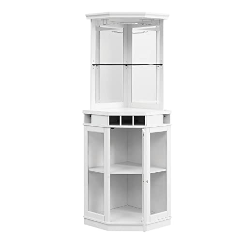 Home Source Dining Room or Lounge Corner Bar Cabinet for Liquor and Glasses with Wood Frame and Wine Rack