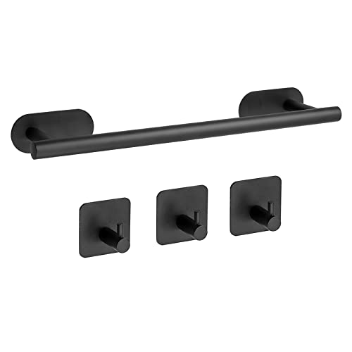 Black Towel Rail Set,JiGiU 5 Pieces Self Adhesive Bathroom Hardware Kit 16 inch Hand Towel Holder,Toilet Paper Holder & 3 Towel Hook SUS304 Stain