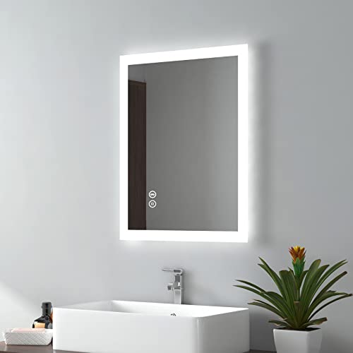 EMKE 450 X 600 mm Backlit Illuminated Bluetooth Bathroom Mirror with Shaver Socket, Wall Mounted Multifunction Bathroom Vanity Mirror with LED Li