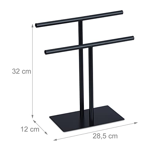 Relaxdays Towel Rack, Wash Cloth Stand, 31 x 28.5 x 12 cm, 2 Rails, Jewellery Stand, Bathroom & Kitchen, Black