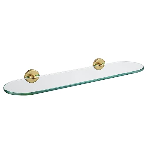 JQK Bathroom Glass Shelf Gold, Tempered Glass Shower Storage 20 by 5 inches, 304 Stainless Steel Brushed Gold Wall Mount, TGS121L20-BG