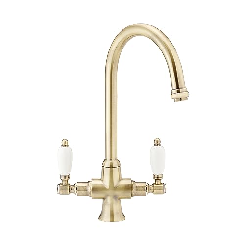 ENKI, Dorchester, KT059, Antique Oil Rubbed Bronze Dual Flow Kitchen Sink Mixer Tap for Basin, Twin White Levers Swivel Spout Perfect for Double