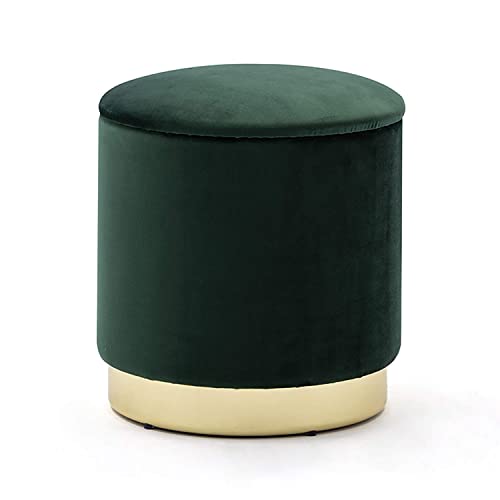 HNNHOME 37cm Round Velvet Ottoman Storage Box with Lid, Pouffe Seat Chair, Living Room Footstool, Bedroom Dressing Stool with Gold Plating Base (