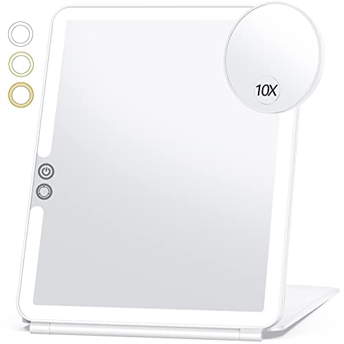Large Travel Makeup Mirror with 10X Magnifying Mirror, Travel Lighted Makeup Mirror, 3 Color Lighting, Rechargeable 2000mAh Batteries, Portable U