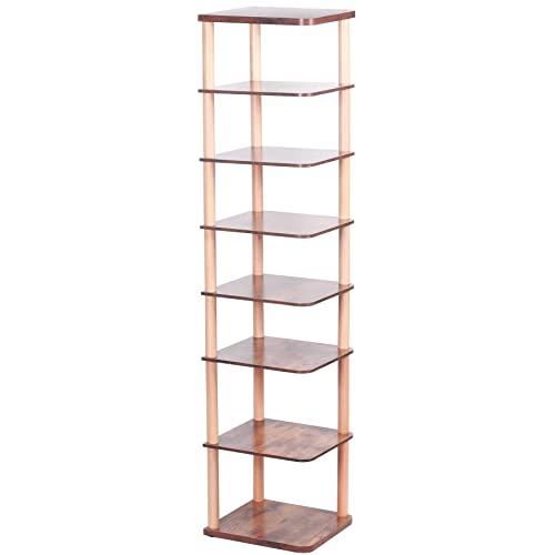 LUCKNOCK 8 Tiers Vertical Narrow Shoe Rack/ Organizer, Stylish Wooden Space Saving Shoe Storage Stand/ Shelf/ Tower Free Standing for Entryway, N