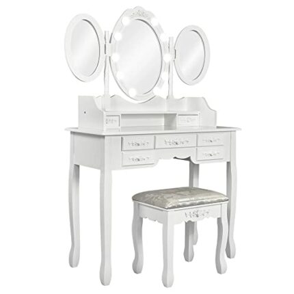 Meerveil Dressing Table with Lights, LED Vanity Desk with 7 Drawers and 3 Oval Mirrors with Stable Legs, Women's Wooden Mirrored MDF Makeup Table