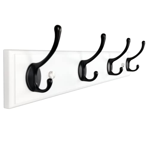 lomejii 4 Black Hooks Wood Coat Rack Wall Mount, 44cm, White, Stronger Hooks for Hanging Clothes,Hat,Backpack etc, Great Modern Wall Mounted Rack