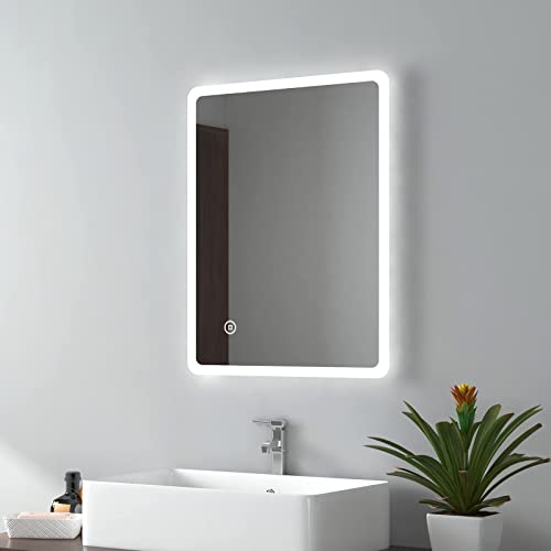 EMKE 450 X 600 mm Backlit Illuminated Bluetooth Bathroom Mirror with Shaver Socket, Wall Mounted Multifunction Bathroom Vanity Mirror with LED Li