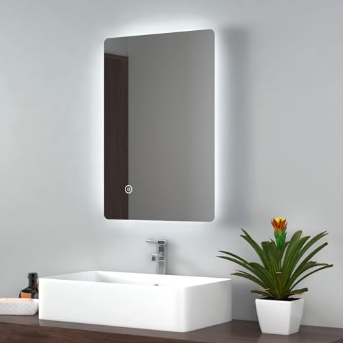 EMKE Backlit Illuminated Bathroom Mirror with Lights 400x600mm, Wall Mounted Multifunction LED Bathroom Vanity Mirror with LED Lights and Demiste