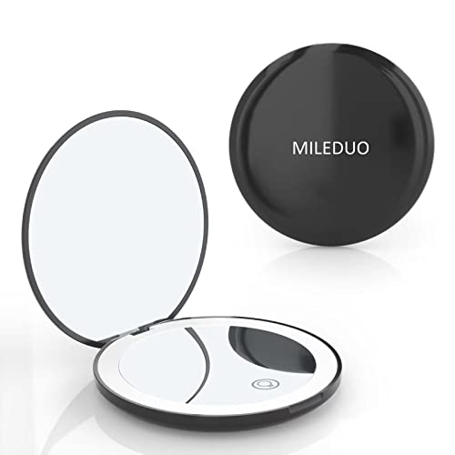 MILEDUO Travel Mirror with Light 1x/10x Compact Magnifying Mirror,Handheld 2-Sided Pocket Mirror Led Small Makeup Mirror for Purses,Mirror for Ha