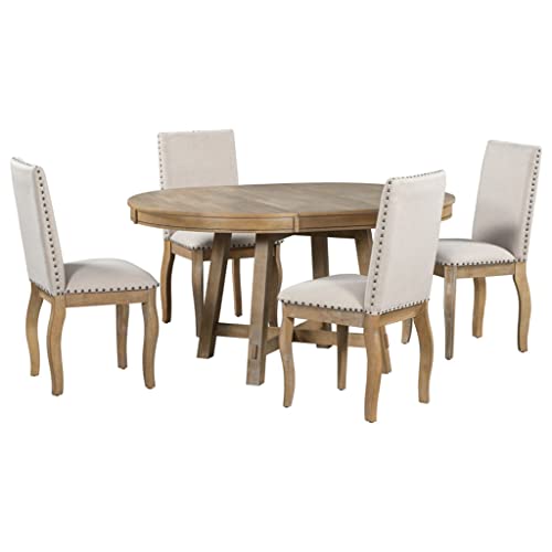 FEER 5 Piece Farmhouse Dining Table Wooden Round Extendable Dining Table And 4 Upholstered Chairs
