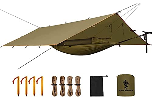 FREE SOLDIER Tactical Camping Hiking Hammock with Tarp Kit Multipurpose Portable Waterproof Hanging Bed with Shed (Brown)