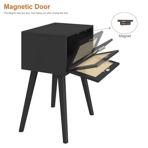 LAATOOREE Nightstand Set of 2, Small End Table with Rattan Door, Bedside Table with Solid Wood Feet, Boho Side Table for Bedroom Living Room Smal