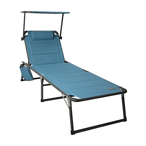 HOMECALL Aluminium Sun-Lounger with 2x1 Textilene Padding, Quick-Dry Foam, Pocket, and Sun Shade, XXL (200 x 70 cm) - Blue