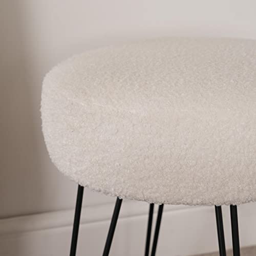 OHS Teddy Fleece Stool Hairpin Boucle Leg Foot Stool Rest Bedroom Upholstered Vanity Dressing Table Chair Round Pouffe - White