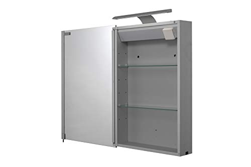 Croydex Madison Single Door Illuminated Cabinet with LED Lighting Bar and Hang N Lock Fitting System,Silver,70 x 50 x 11.8cm