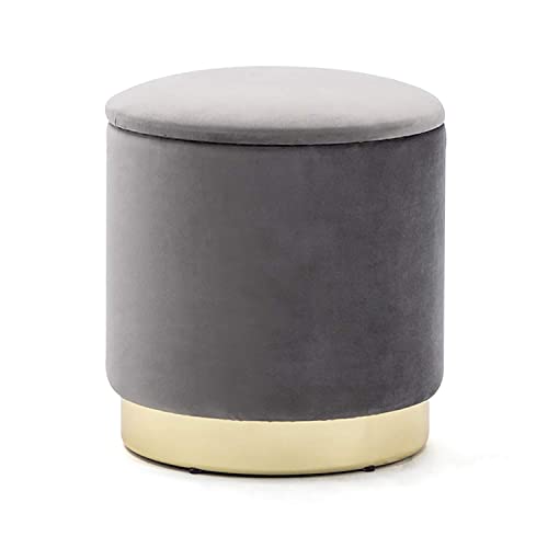 HNNHOME 37cm Round Velvet Ottoman Storage Box with Lid, Pouffe Seat Chair, Living Room Footstool, Bedroom Dressing Stool with Gold Plating Base (