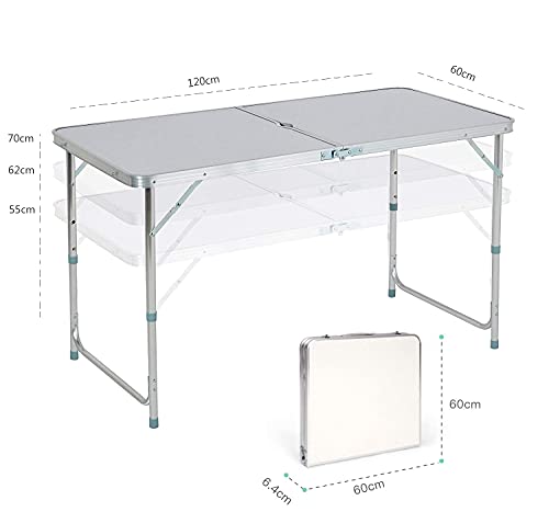 Folding Camping Table with Adjustable Height, 4ft x 2ft Aluminium Foldable Portable Picnic Table for Outdoor Indoor Kitchen Garden Party Compact