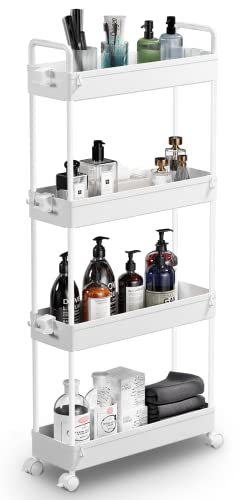 SOLEJAZZ 4-Tier Storage Trolley Cart Slide-out Slim Rolling Utility Cart Mobile Storage Shelving Organizer for Kitchen, Bathroom, Laundry Room, B