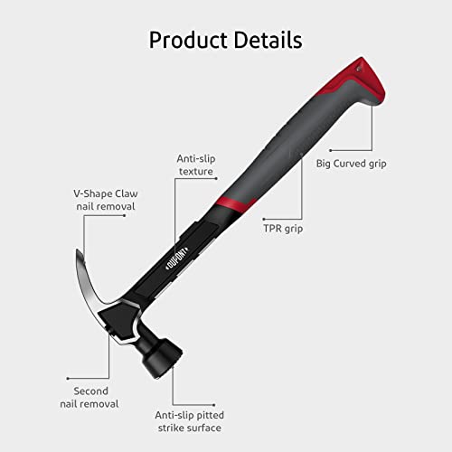 DuPont One-Piece Forged Claw Hammer, Utility Hammer With Safe Anti-Slip Grid Surface,Two-Way Pull Studs,Ergonomic Handle Design for Home