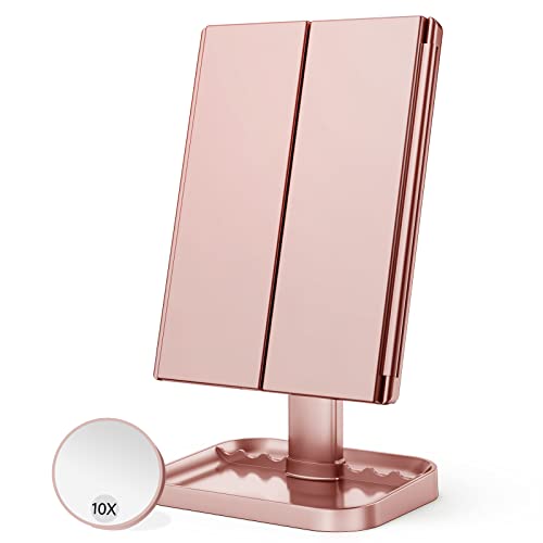 HUONUL Makeup Mirror Vanity Mirror with Lights, 2X 3X 10X Magnification, Lighted Makeup Mirror, Touch Control, Trifold Makeup Mirror, Dual Power