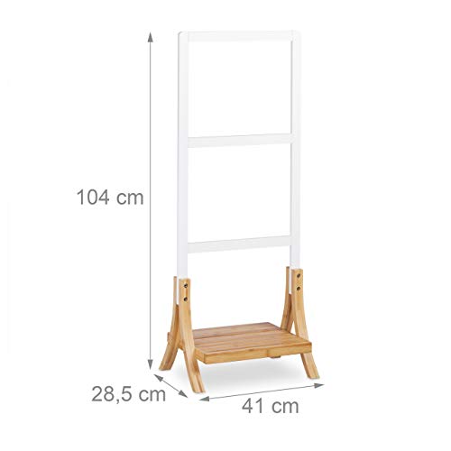 Free-Standing Bamboo Towel Holder, H x W x D 104 x 41 x 28.5 cm, 3 Rails and 1 Shelf, Clothes Stand, Natural Brown, White