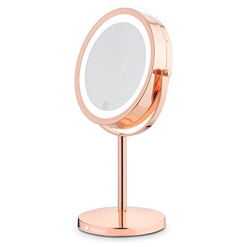 Navaris LED Illuminated Makeup Mirror - Two-Sided Vanity Mirror with Normal and 5x Magnification - 360° Cosmetic Mirror with Touch Screen - Coppe