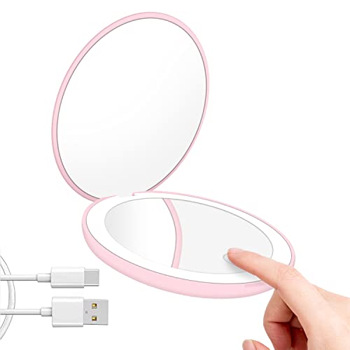 Sweetone Compact Mirror, LED Lighted Travel Makeup Mirror, 1X/10X Magnifying with Light, Small Pocket Mirror with 3 Colour Modes & Adjustable Bri