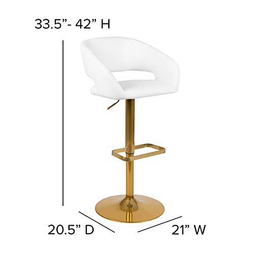 Flash Furniture Erik Comfortable & Stylish Contemporary Barstool with Rounded Mid-Back and Foot Rest, Adjustable Height - White Vinyl with Gold B