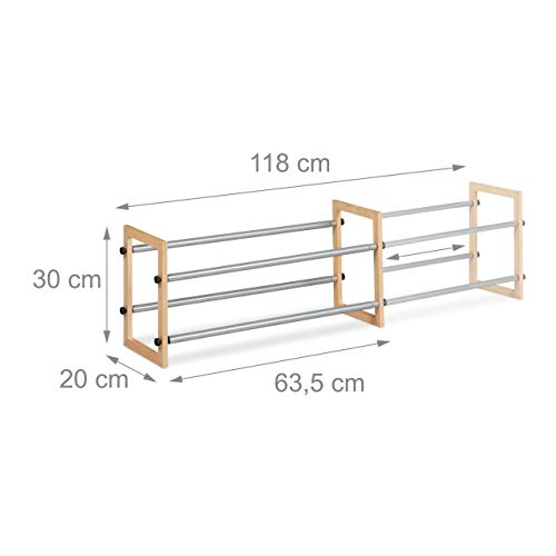 Relaxdays Extendible Shoe Rack, Open Storage Stand with 2 Tiers Wood & Iron, Up to 118 cm, Natural, iron, wood, Pack of 1