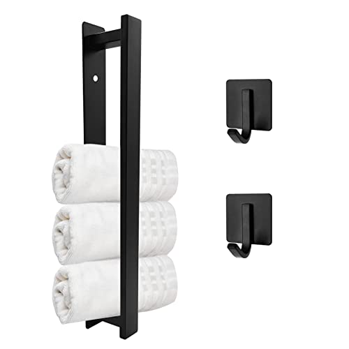 Mairhie Towel Rail & 2 Towel Hooks, Matt Black Self Adhesive Towel Rail, 16 Inch Wall Mounted Towel Bar, Waterproof Towel Hangers for Bathroom, S